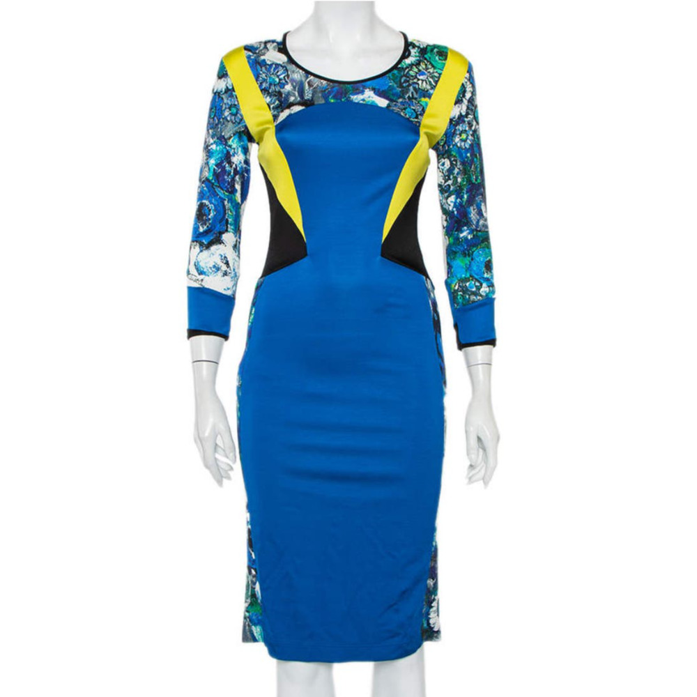 Just Cavalli Jersey Dress Bright Floral Print and Geometric Panels Wome Size Me